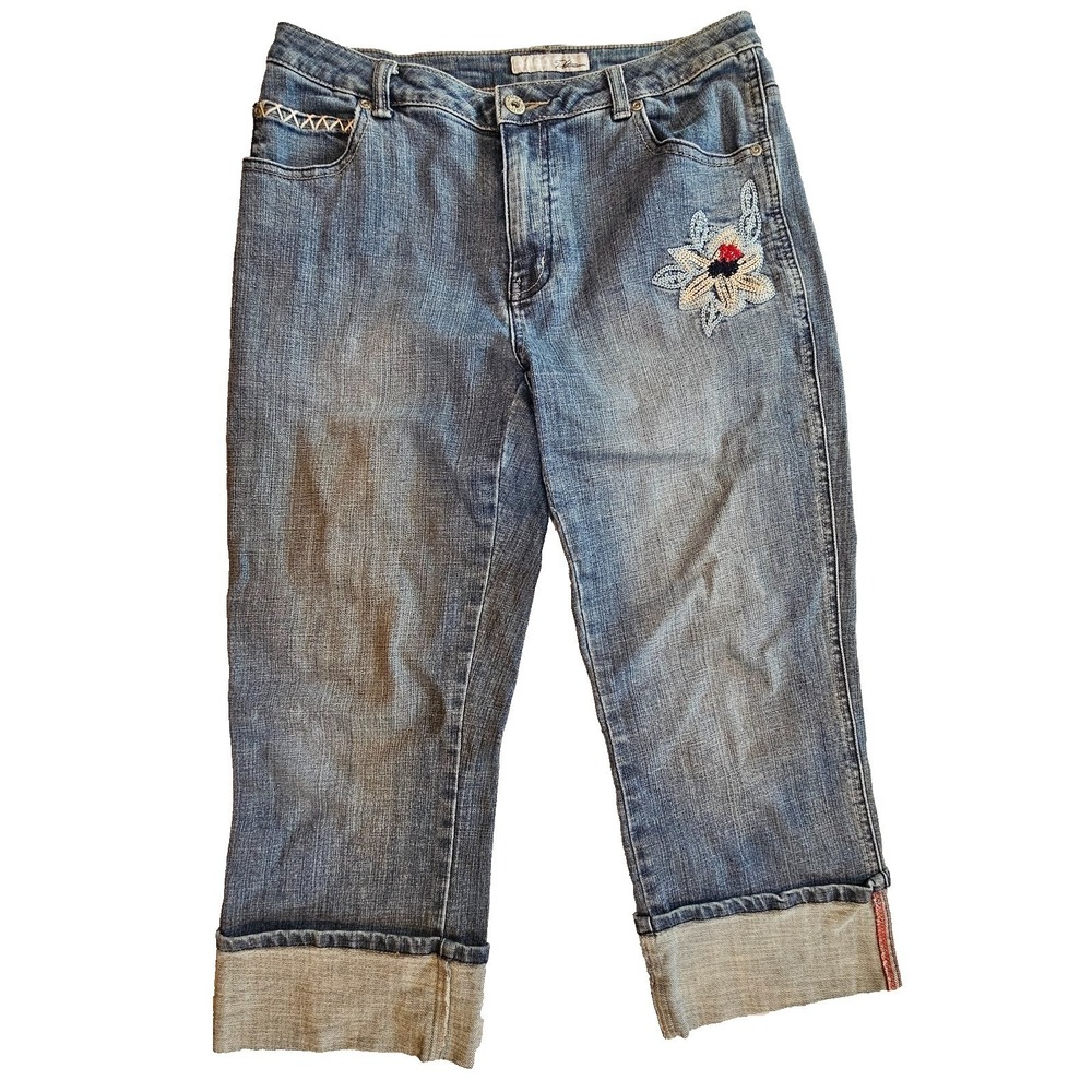 Chico's‎ Jeans Womens Size 0 Blue Denim Cropped Embroidered Floral Cuff Boho